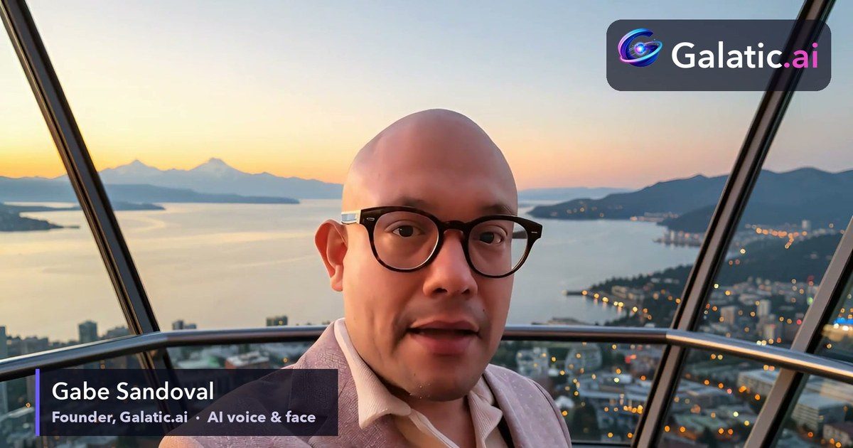 Gabe, founder of Galatic.ai, at the top of the Space Needle in Seattle at dusk, with the Galatic.ai logo.