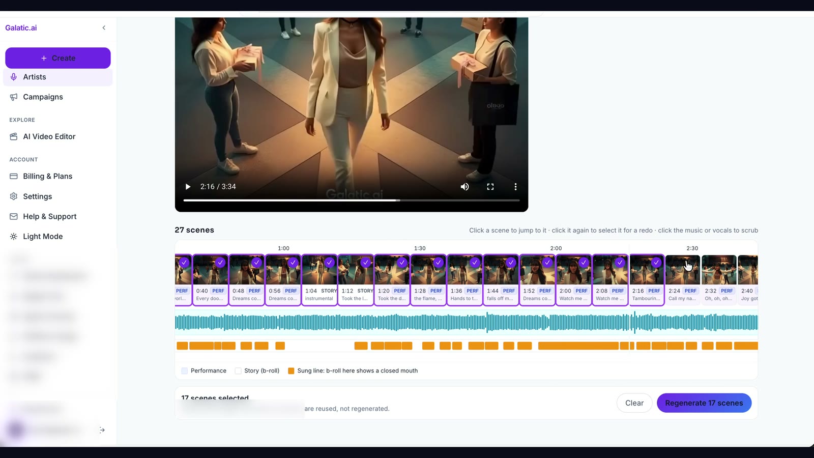 The scene timeline under the video with several scenes selected for a redo and a Regenerate button.