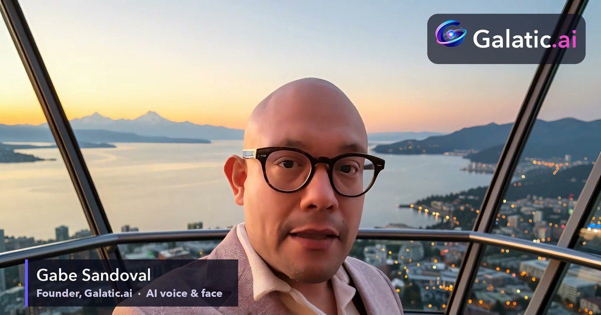 Gabe, founder of Galatic.ai, at the top of the Space Needle in Seattle at dusk, with the Galatic.ai logo.