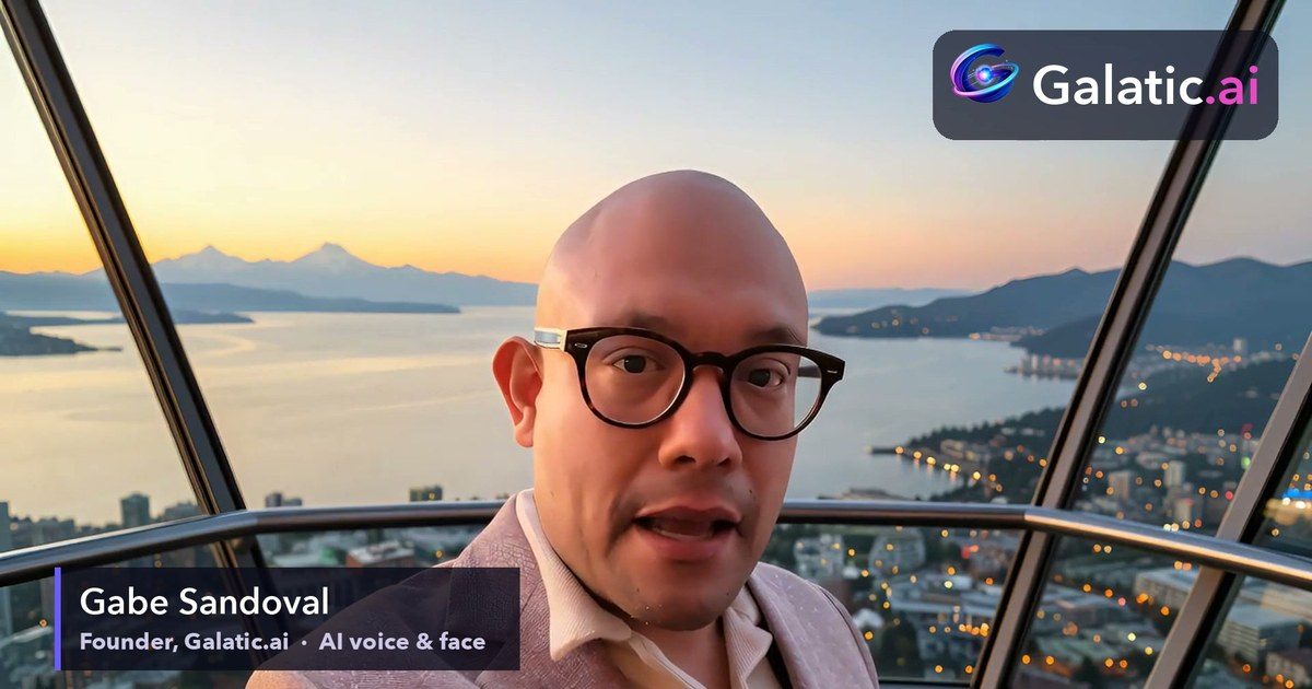 Gabe, founder of Galatic.ai, at the top of the Space Needle in Seattle at dusk, with the Galatic.ai logo.
